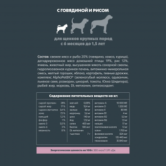 Корм Alphapet для щенков крупных пород с 6 месяцев до 1,5 лет с говядиной и рисом