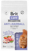 Корм Brit Care Cat Anti-Hairball для взрослых кошек с белой рыбой и индейкой для...