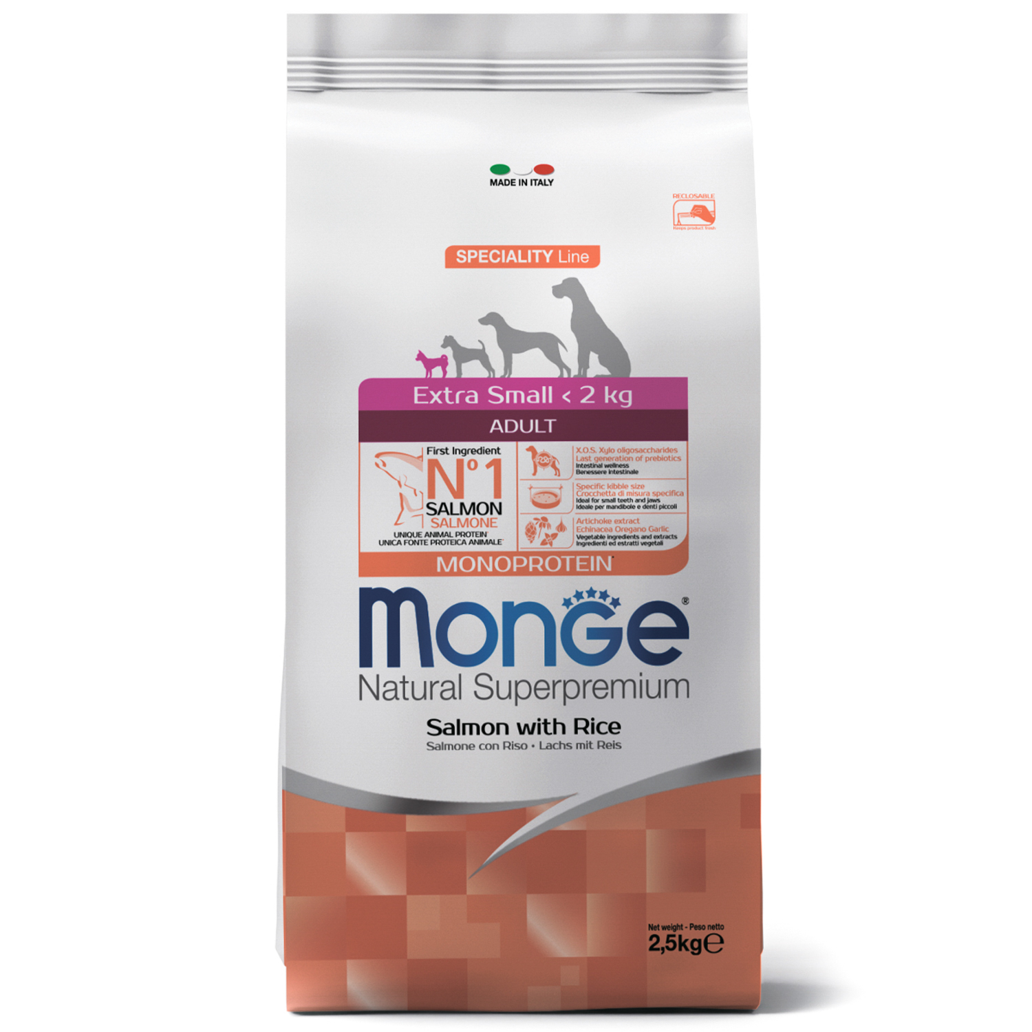 Корм Monge Dog Speciality Line Extra Small Adult Salmon для собак миниатюрных пород с лососем и рисом