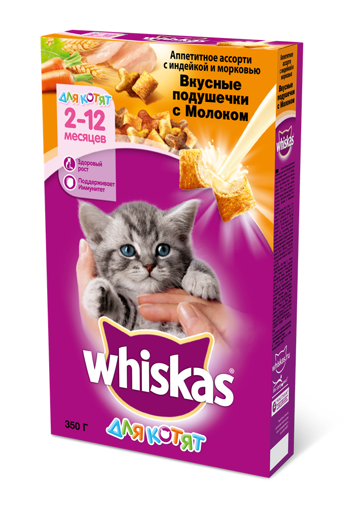 Корм Whiskas Kitten Вкусные подушечки с молоком для котят 2-12 месяцев с индейкой и морковью