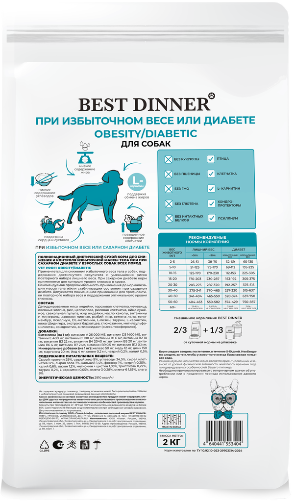 Сухой корм Best Dinner Vet Profi Obesity/Diabetic для собак при диабете или избыточном весе