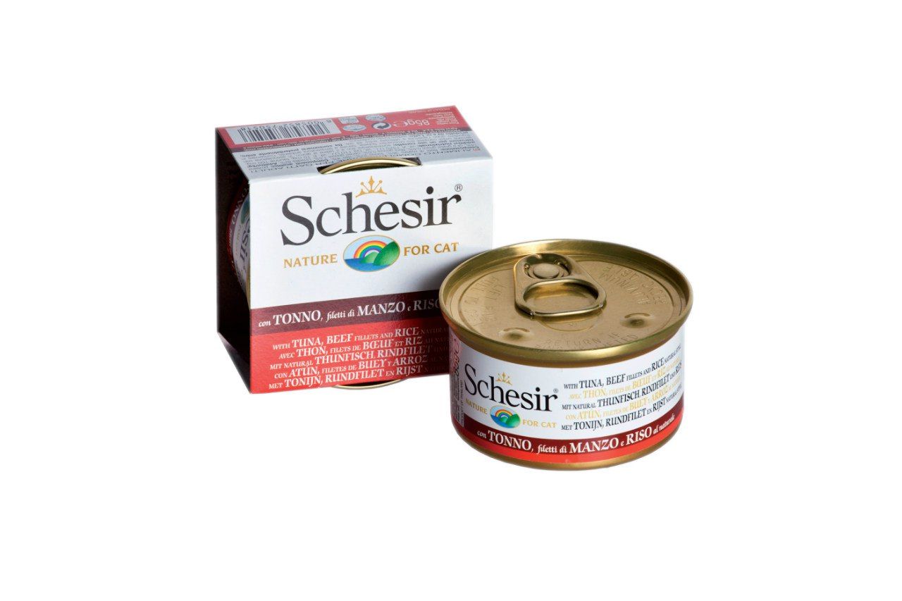 Консервированный корм Schesir для кошек. Тунец, говяжье филе и рис