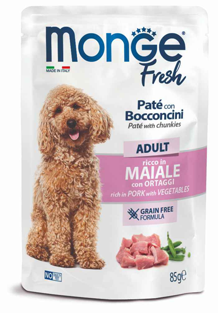 Паучи Monge Dog Fresh для взрослых собак паштет с кусочками свинины и овощами