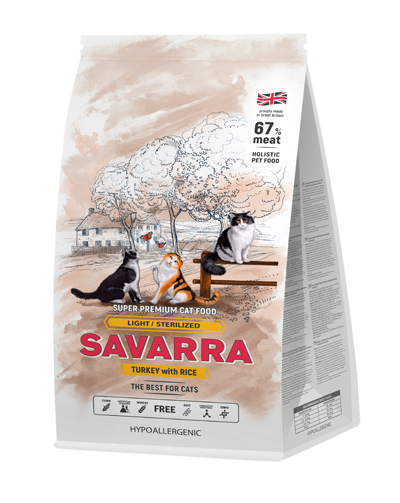 Сухой корм Savarra Light Cat для взрослых кошек с избыточным весом или стерилизованных с индейкой