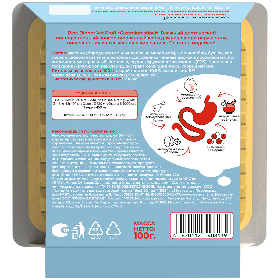Ламистеры Best Dinner Vet Profi Gastrointestinal для кошек с чувствительным пищеварением нежный паштет из индейки