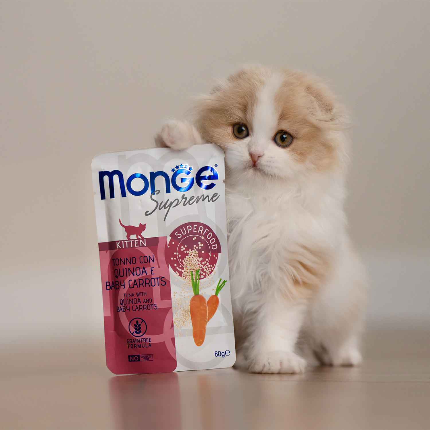 Паучи Monge Supreme kitten для котят из тунца с киноа и мини-морковью