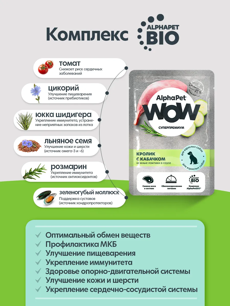 Паучи Alphapet Wow для собак нежные ломтики кролика с кабачком в соусе