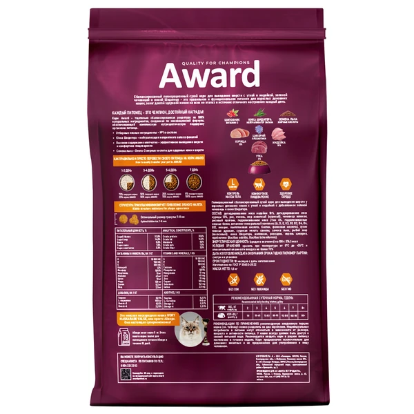 Корм Award Hairball & Indoor для кошек для выведения шерсти с уткой и индейкой с зеленой чечевицей и Юккой Шидигера