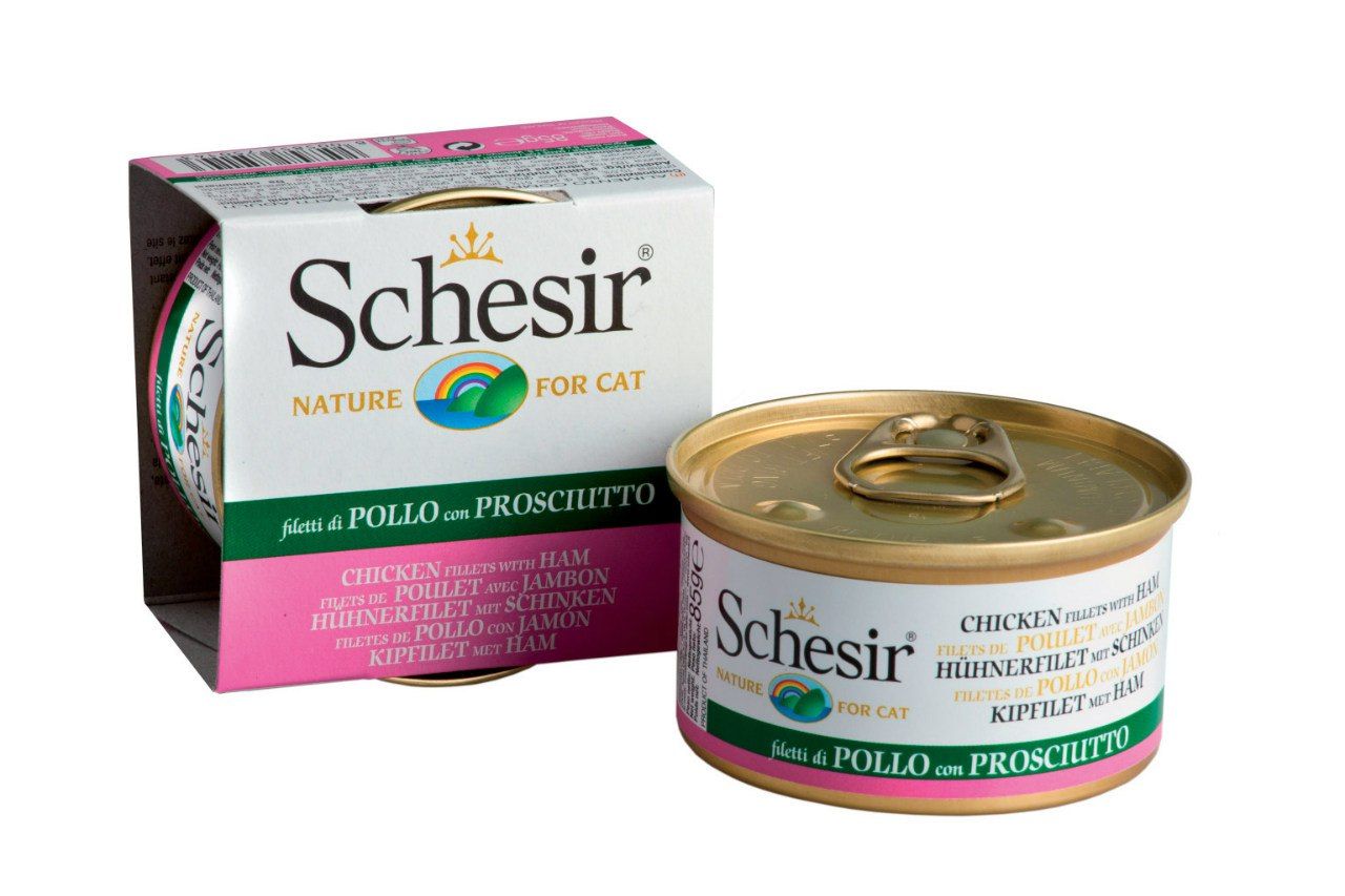 Консервированный корм Schesir для кошек. Куриное филе с ветчиной