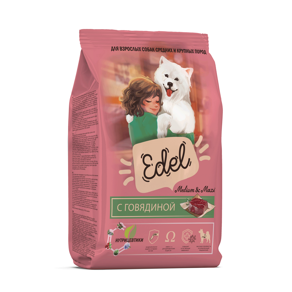 Корм Edel Adult Medium & Maxi Beef полнорационный для взрослых собак средних и крупных пород с говядиной