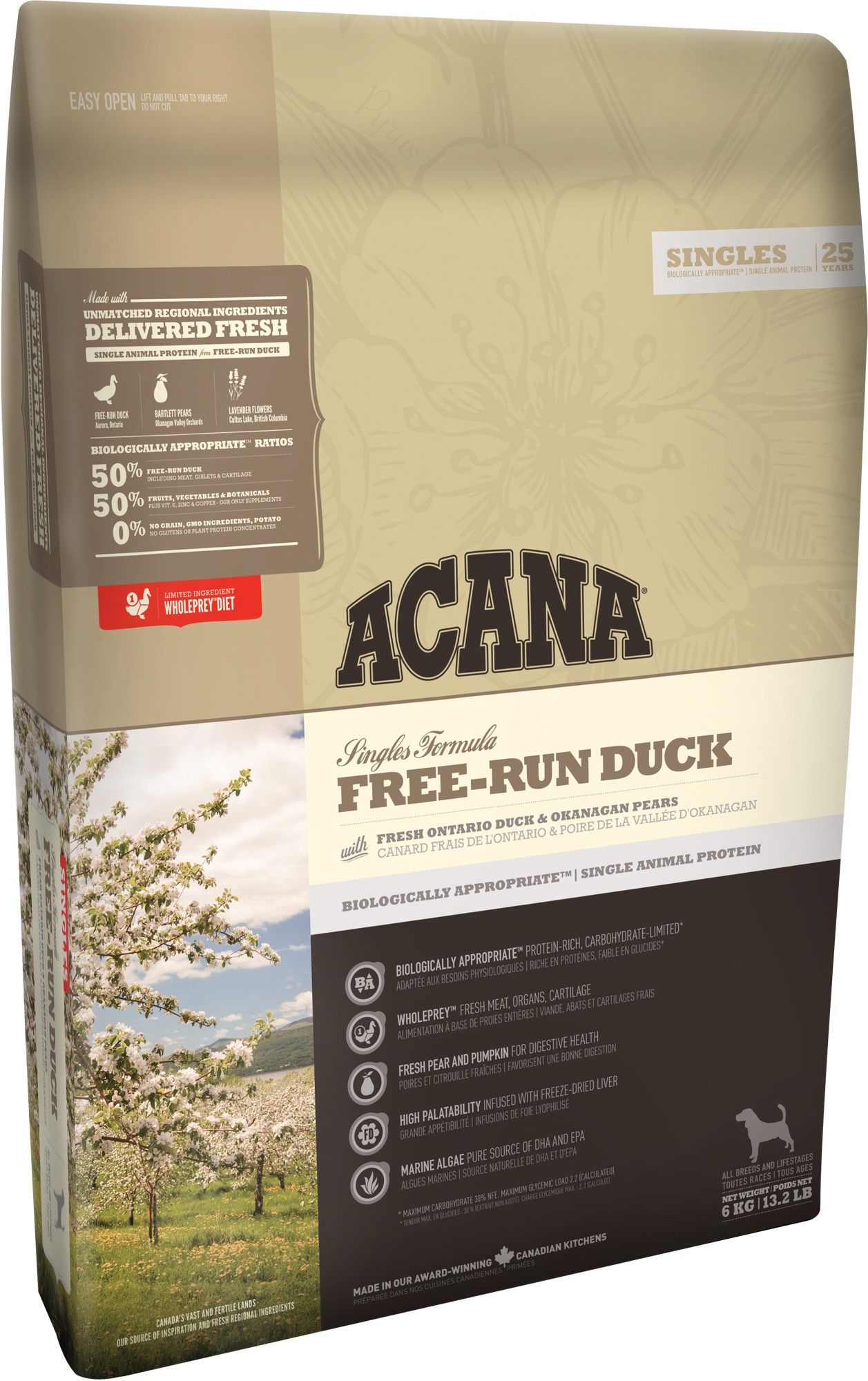 Корм Acana Singles Free-Run Duck гипоаллергенный для собак с чувствительным пищеварением с уткой