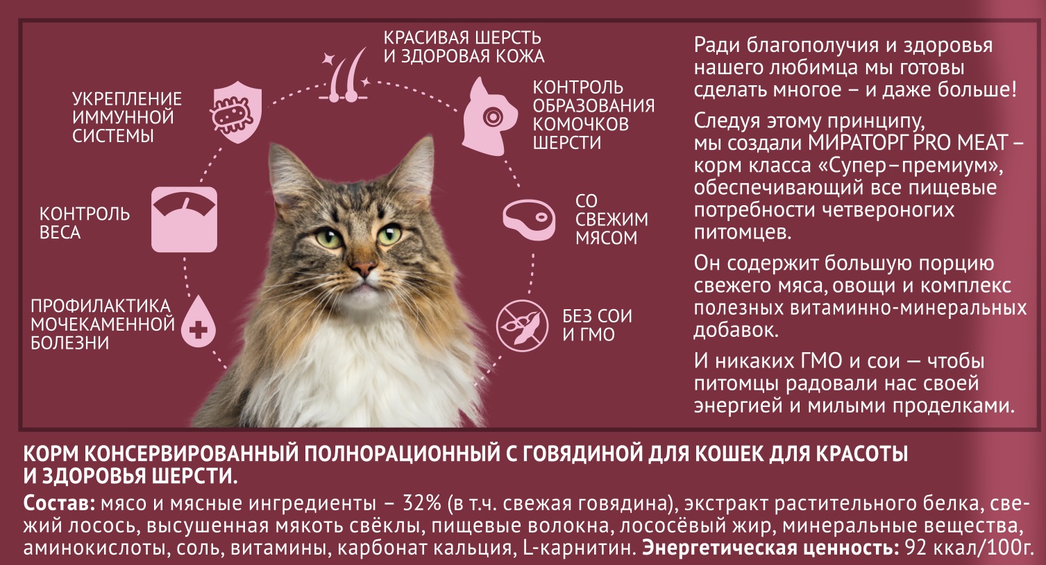Паучи Мираторг Pro Meat для кошек для красоты и здоровья шерсти с говядиной в соусе 
