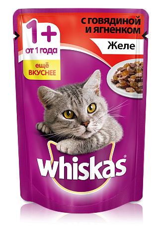 Паучи Whiskas для кошек с говядиной и ягненком в желе