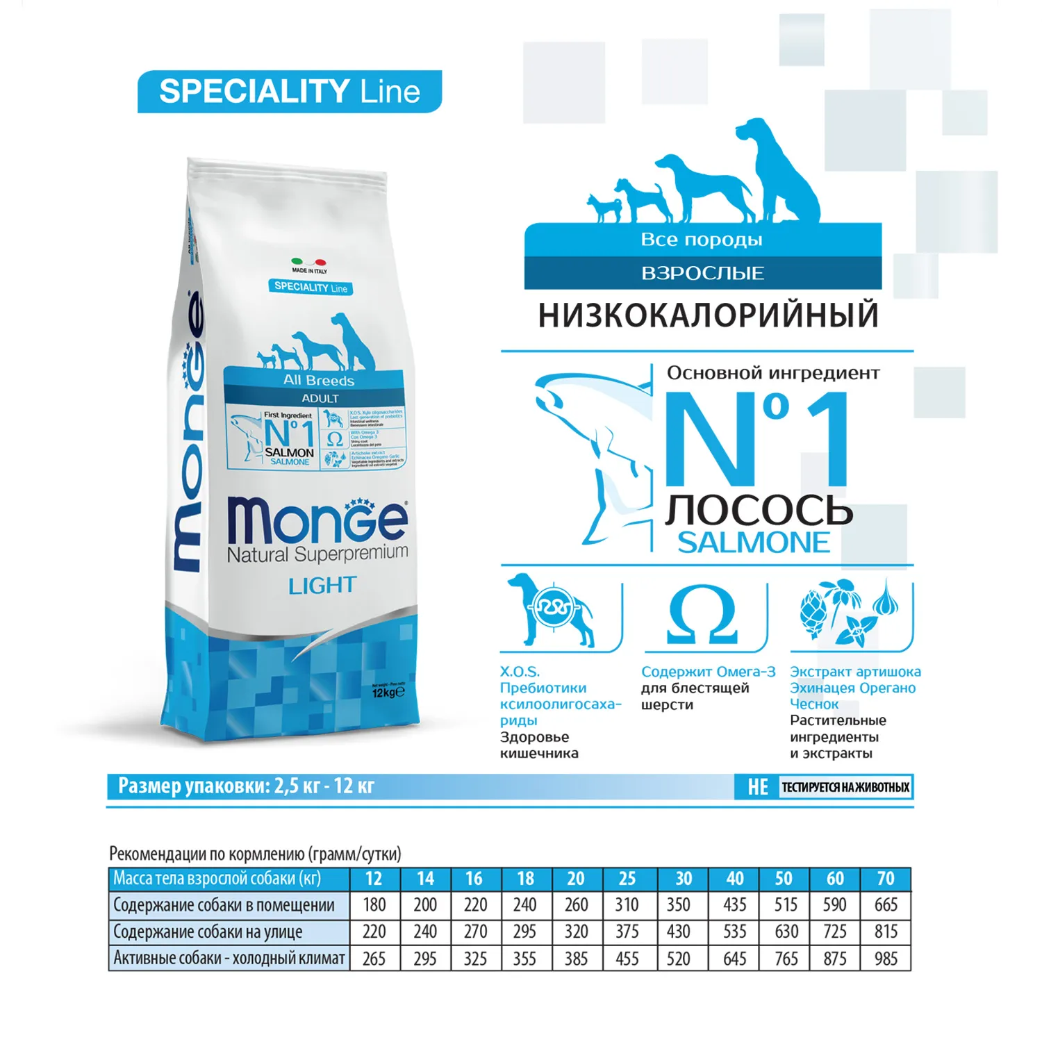 Корм Monge Dog Speciality Line Light монопротеиновый для взрослых собак всех пород низкоколорийный из лосося с рисом