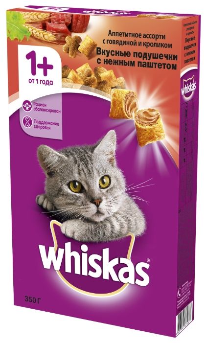Whiskas Вкусные подушечки с нежным паштетом. Аппетитное ассорти с говядиной и кроликом