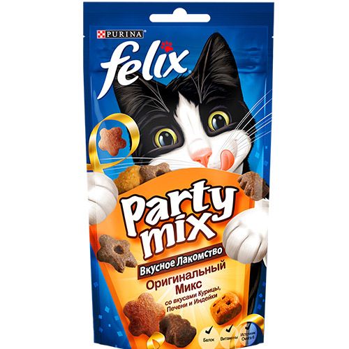 Лакомство Felix Party Mix для кошек. ОригинальныйМикс со вкусом курицы, печени и индейки