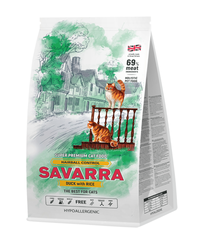 Сухой корм Savarra Adult Cat Hairball для взрослых кошек с уткой, выведение шерсти из желудка