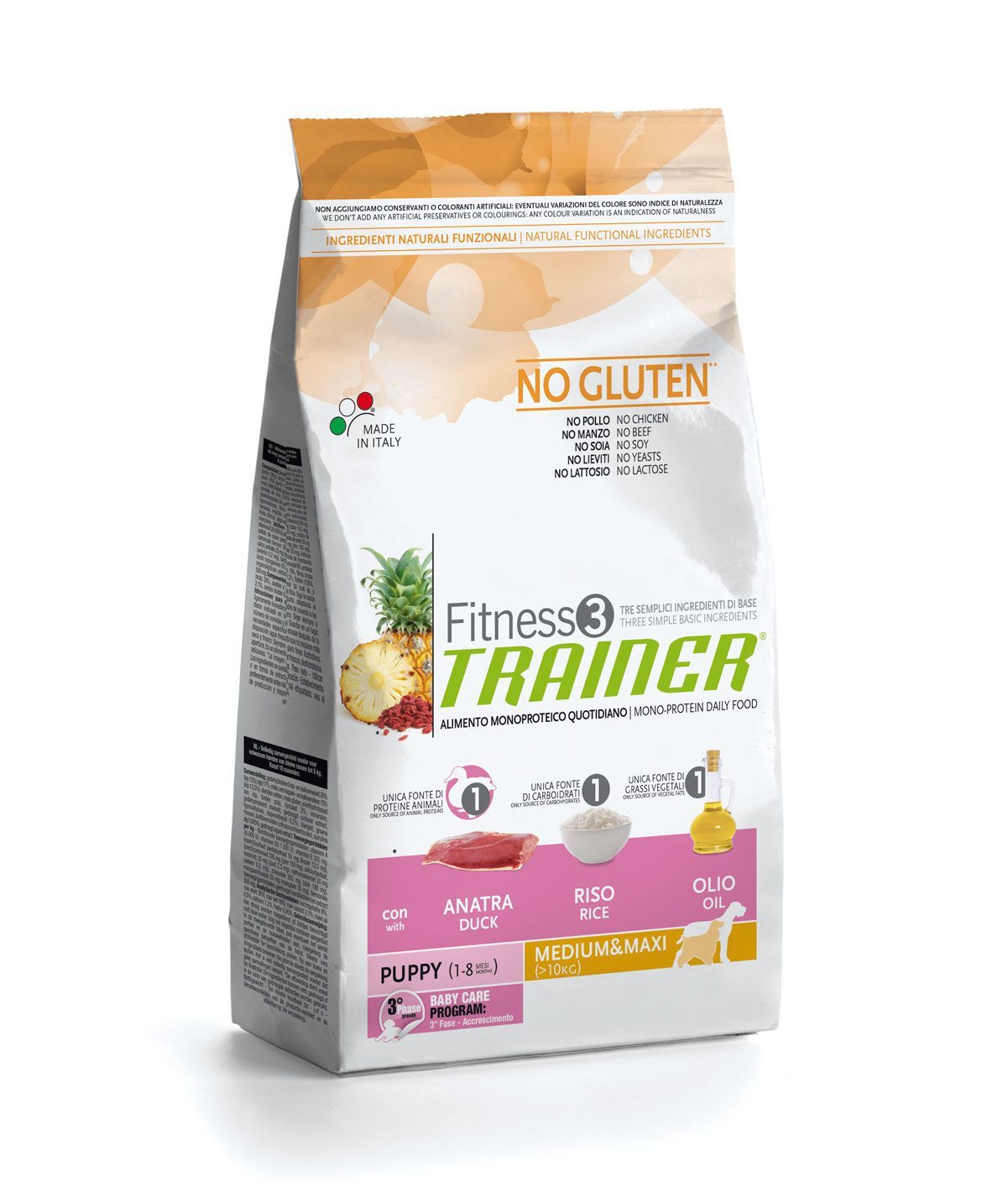 Корм Trainer Fitness3 для щенков средних и крупных пород с уткой и рисом (Без глютена)