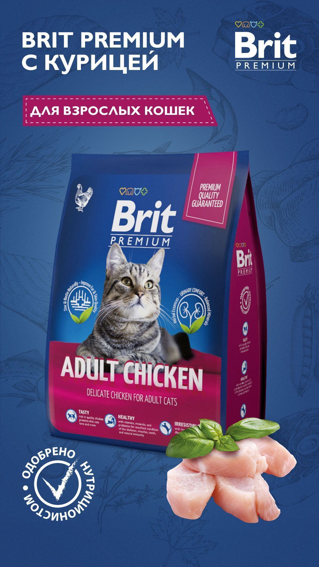 Сухой Корм Brit Premium Cat Adult Chicken для кошек с курицей – купить в  Москве, цены | Интернет-магазин Динозаврик