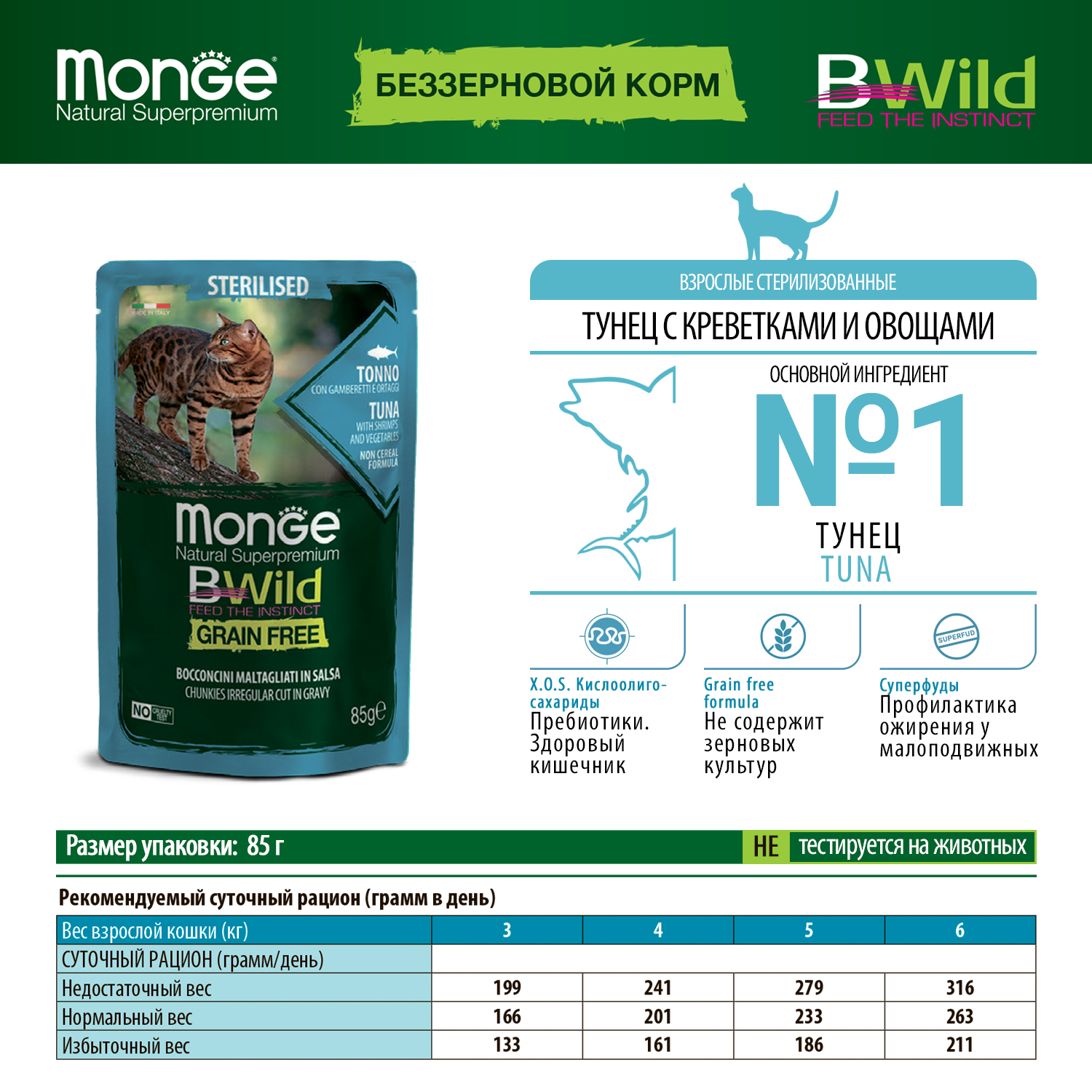Паучи Monge Cat BWild GRAIN FREE беззерновой для стерилизованных кошек беззерновой из тунца с креветками и овощами