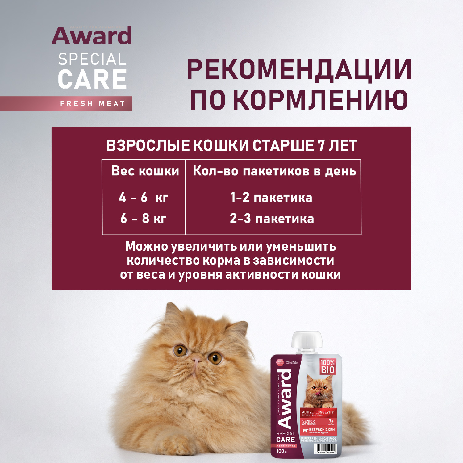 Паучи Award Special Care Active longevity "мясное пюре" для пожилых кошек для активного долголетия из курицы с говядиной