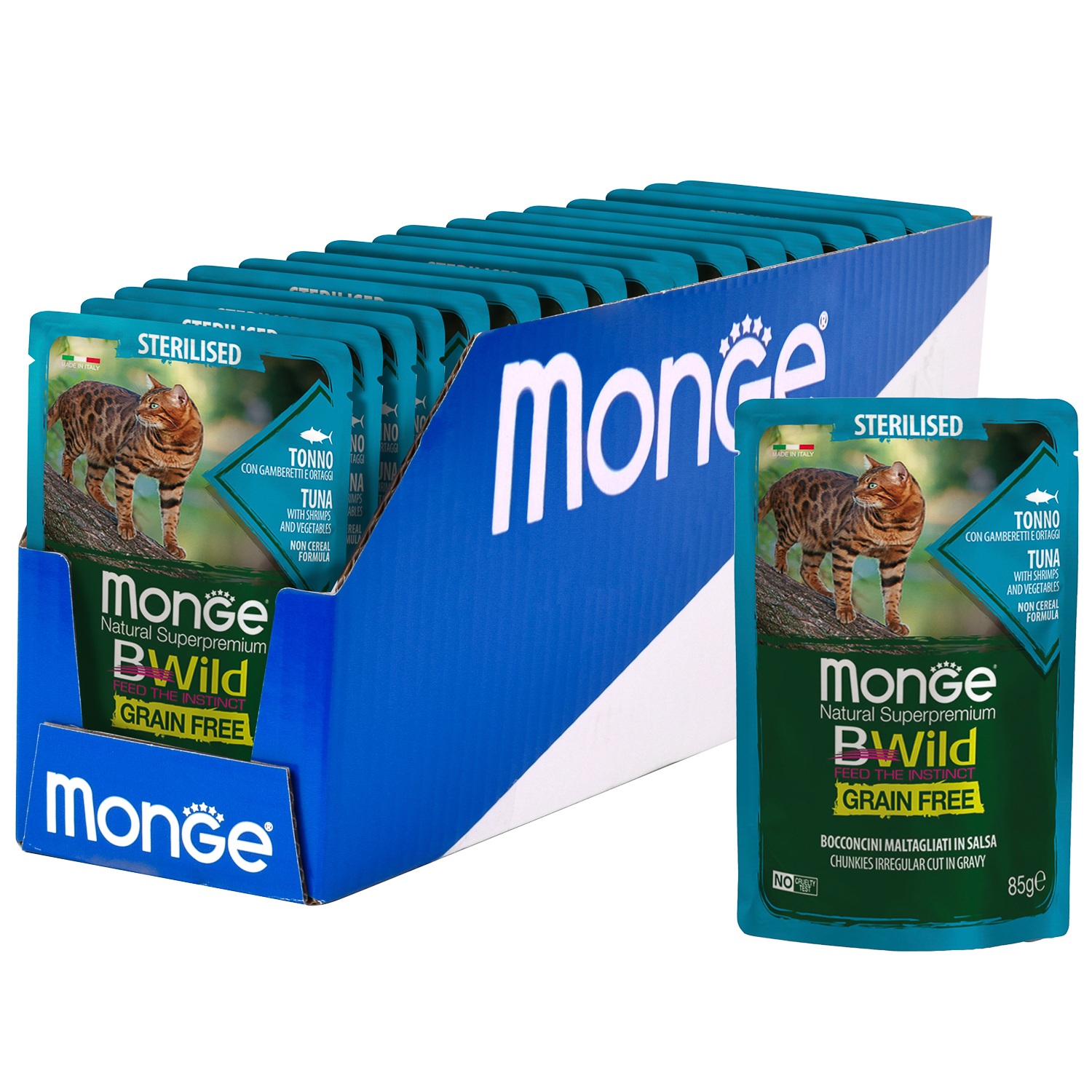 Паучи Monge Cat BWild GRAIN FREE беззерновой для стерилизованных кошек беззерновой из тунца с креветками и овощами