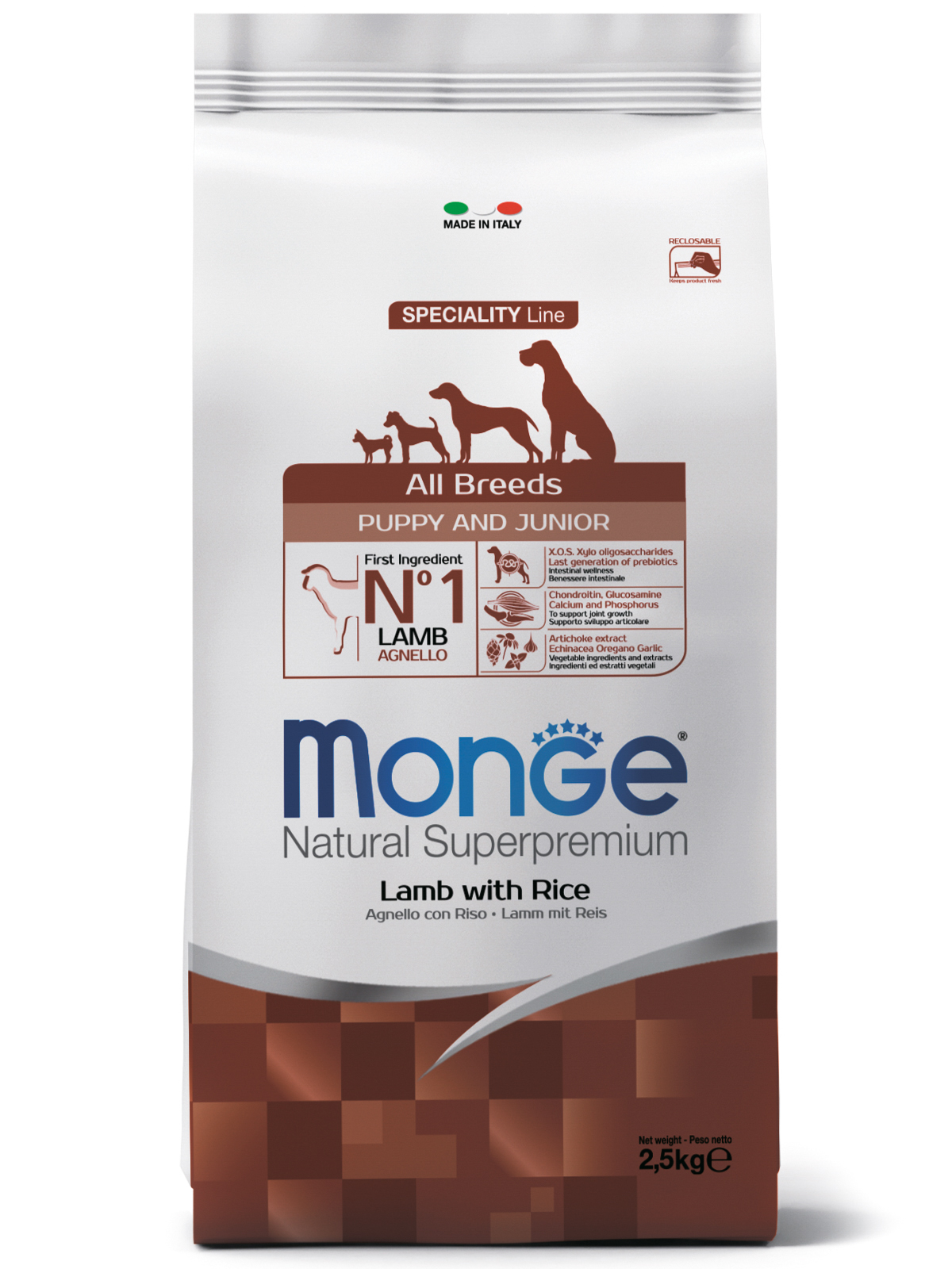 Корм Monge Speciality Line Puppy & Junior Lamb для щенков всех пород с ягненком, рисом и картофелем