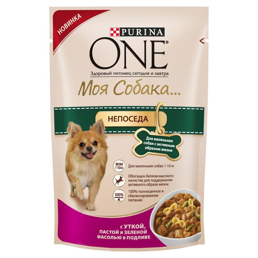 Паучи Purina One Моя собака Непоседа для собак малых пород с уткой, пастой и зеленой фасолью