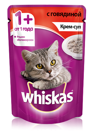 Паучи Whiskas для кошек. Крем-суп с говядиной