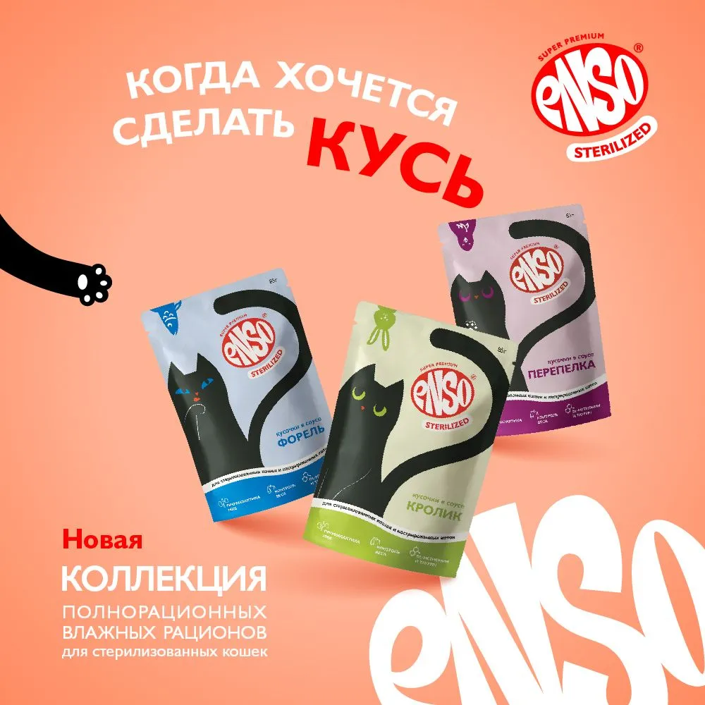 Паучи Enso Sterilized для взрослых стерилизованных кошек кусочки в соусе с перепелкой
