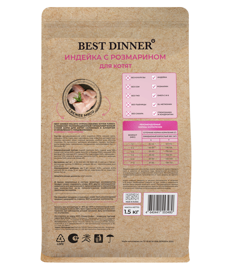 Сухой корм Best Dinner Holistic Hypoallergenic Kitten Turkey&Rosemary гипоаллергенный для котят с индейкой и розмарином