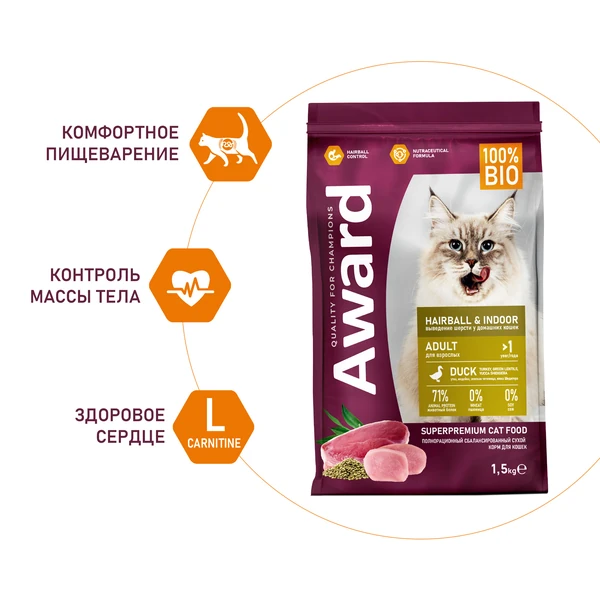 Корм Award Hairball & Indoor для кошек для выведения шерсти с уткой и индейкой с зеленой чечевицей и Юккой Шидигера