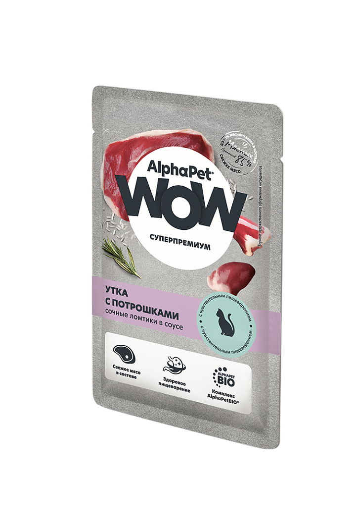 Паучи Alphapet Wow для кошек с чувствительным пищеварением с уткой и потрошками