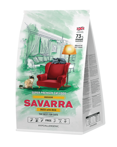Сухой корм Savarra Indoor Adult Cat для взрослых кошек постоянно живущих в помещении с уткой