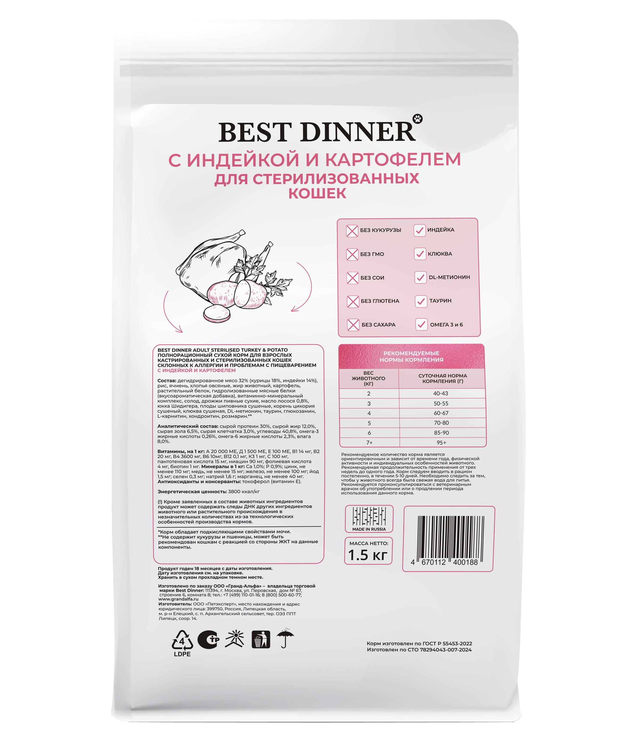 Сухой корм Best Dinner Cat Sterilised Turkey & Potato для стерилизованных кошек всех пород, индейка и картофель