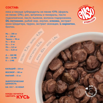 Паучи Enso Sterilized для взрослых стерилизованных кошек кусочки в соусе с форелью