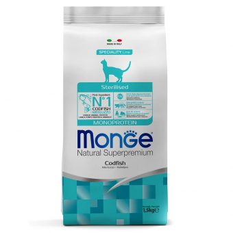 Корм Monge Cat Monoprotein Sterilized монобелковый для стерилизованных кошек и кастрированных котов с треской