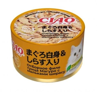 Банки Inaba Chiao Can для кошек с тунцом магуро и мальками ширасу