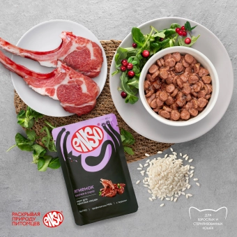 Паучи Enso Basic полнорационный корм для взрослых кошек кусочки в соусе с ягненком