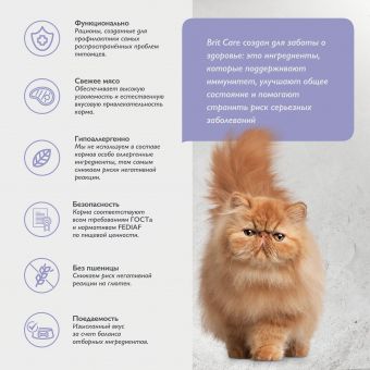 Корм Brit Care Cat Anti-Hairball для взрослых кошек с белой рыбой и индейкой для вывода шерсти