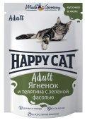 Паучи Happy Cat для кошек  сочные кусочки с ягненком и телятиной с фасолью в желе