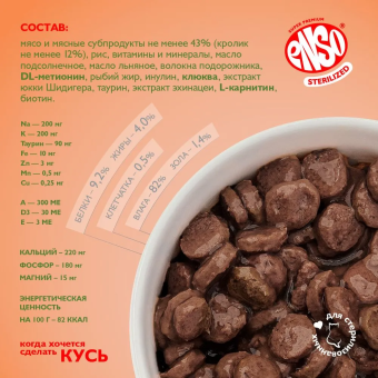 Паучи Enso Sterilized для взрослых стерилизованных кошек кусочки в соусе с кроликом