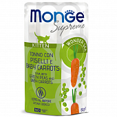 Паучи Monge Supreme kitten для котят из тунца с зелёным горошком и мини-морковью Паучи Monge Supreme kitten для котят из тунца с зелёным горошком и мини-морковью