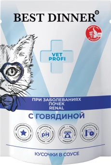 Влажный корм Best Dinner Vet Profi Renal для любых кошек кусочки в соусе с говядиной, для профилактики заболевания почек