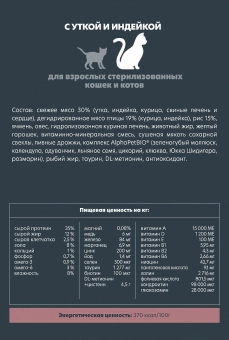 Корм Alphapet Superpremium Sterilised для взрослых стерилизованных кошек и котов с уткой и индейкой