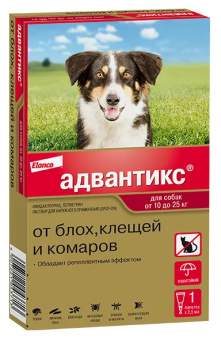 Капли на холку Адвантикс от блох, клещей и комаров для собак весом от 10 до 25 кг 