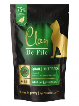 Паучи Clan De File для кошек с перепёлкой и тыквой для здорового пищеварения кусочки в соусе