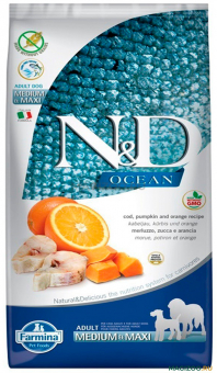 Корм Farmina N&D Adult Ocean Grain Free Medium&Maxi для собак средних и крупных пород треска с апельсином