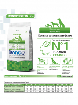 Корм Monge Speciality Line Rabbit Adult для взрослых собак всех пород с кроликом, рисом и картофелем