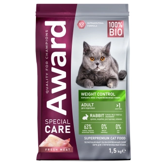 Корм Award Special Care Weight Control для взрослых стерилизованных кошек для контроля веса со свежим мясом кролика